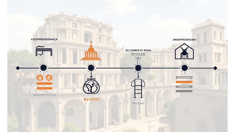 Timeline illustrativa del processo di autorizzazione per il restauro di edifici storici a Roma, con icone di enti pubblici.